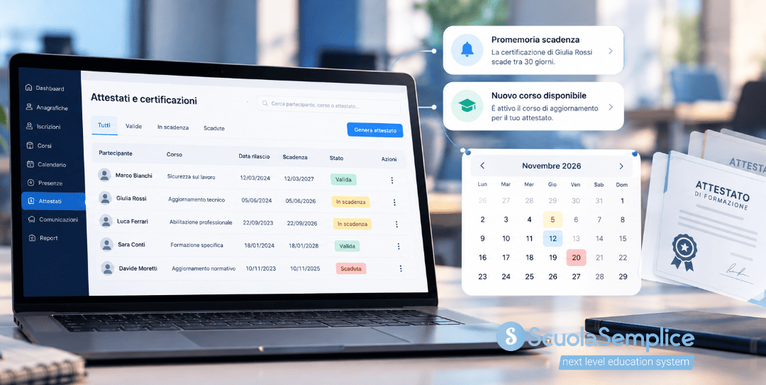 Gestione digitale degli attestati di formazione con scadenze, rinnovi e reminder automatici