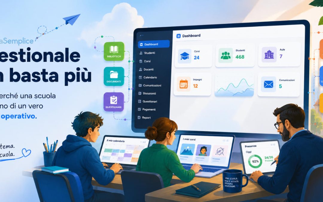 Sistema operativo per la scuola: un'unica piattaforma digitale per gestire corsi, documenti, biblioteca, questionari, comunicazioni e attività scolastiche.