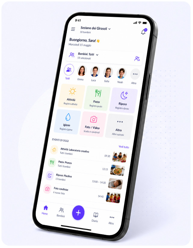 App per educatori di nido e scuola dell’infanzia con gestione della giornata: presenze, attività, pasti e comunicazione con le famiglie