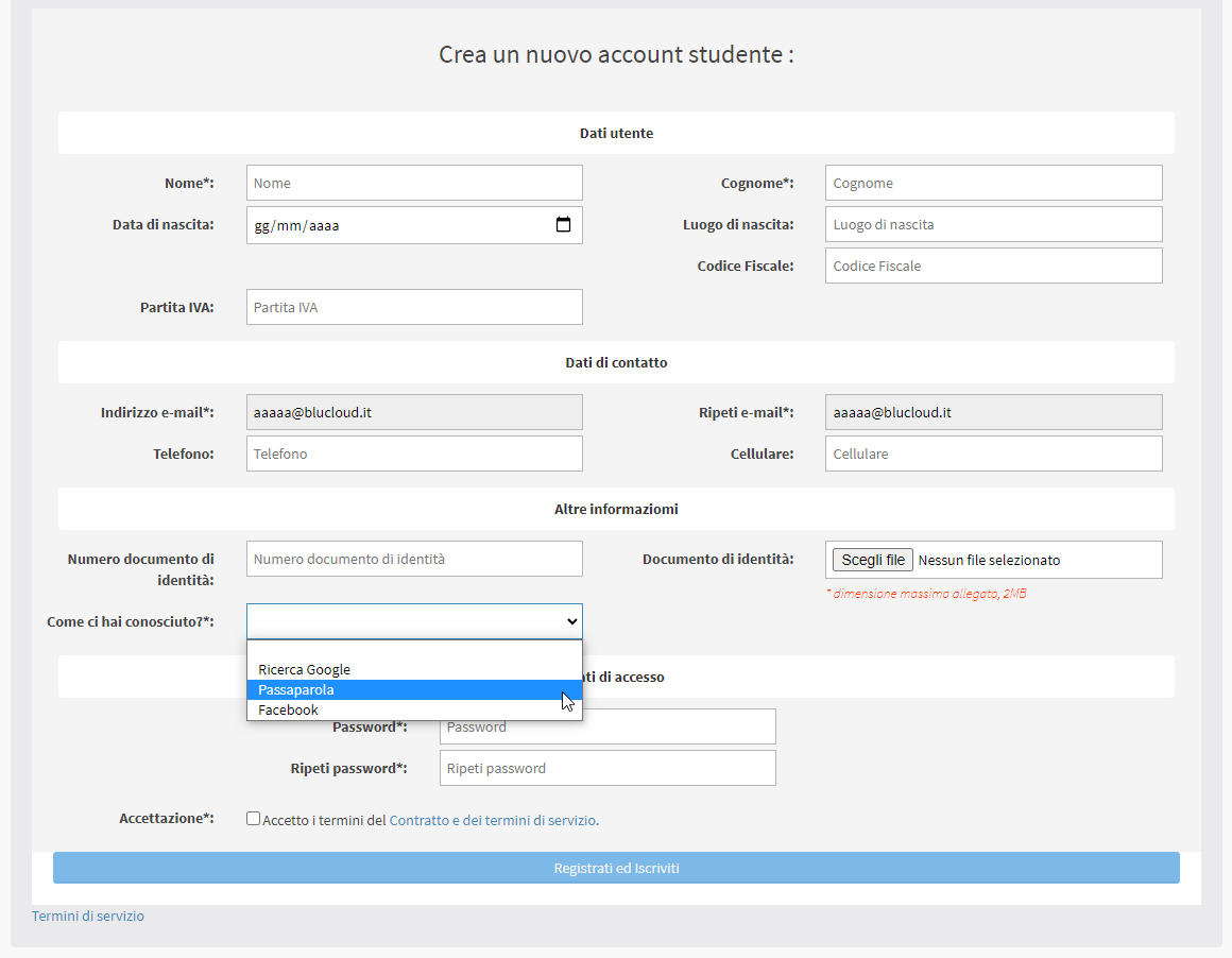 campi modulo iscrizione online