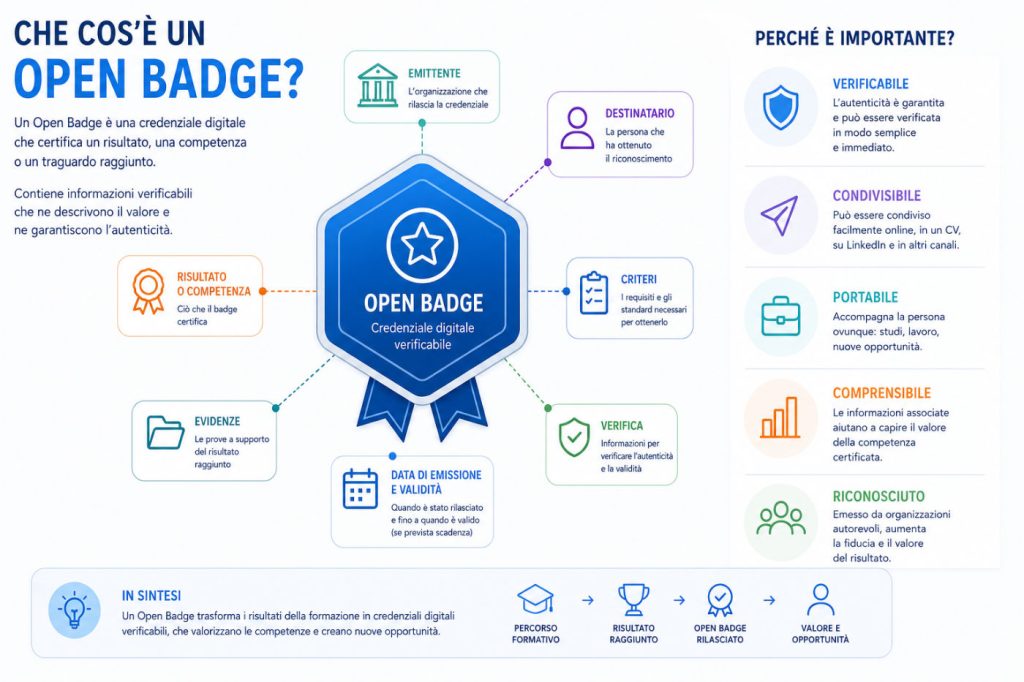 Come funziona un Open Badge: emittente, destinatario, competenza, criteri, evidenze e verifica