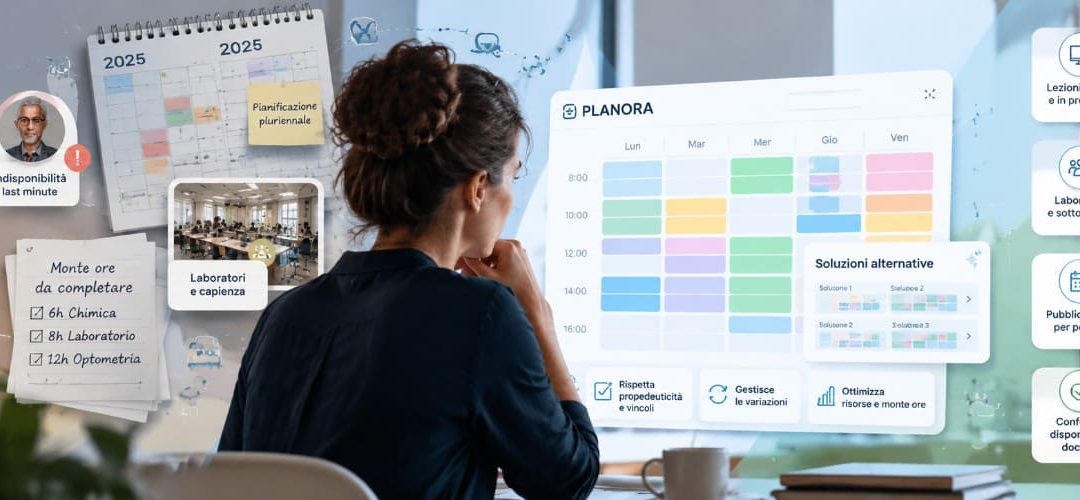 Pianificazione didattica intelligente con PLANORA: gestione di calendari, disponibilità docenti, propedeuticità, laboratori e variazioni delle lezioni.