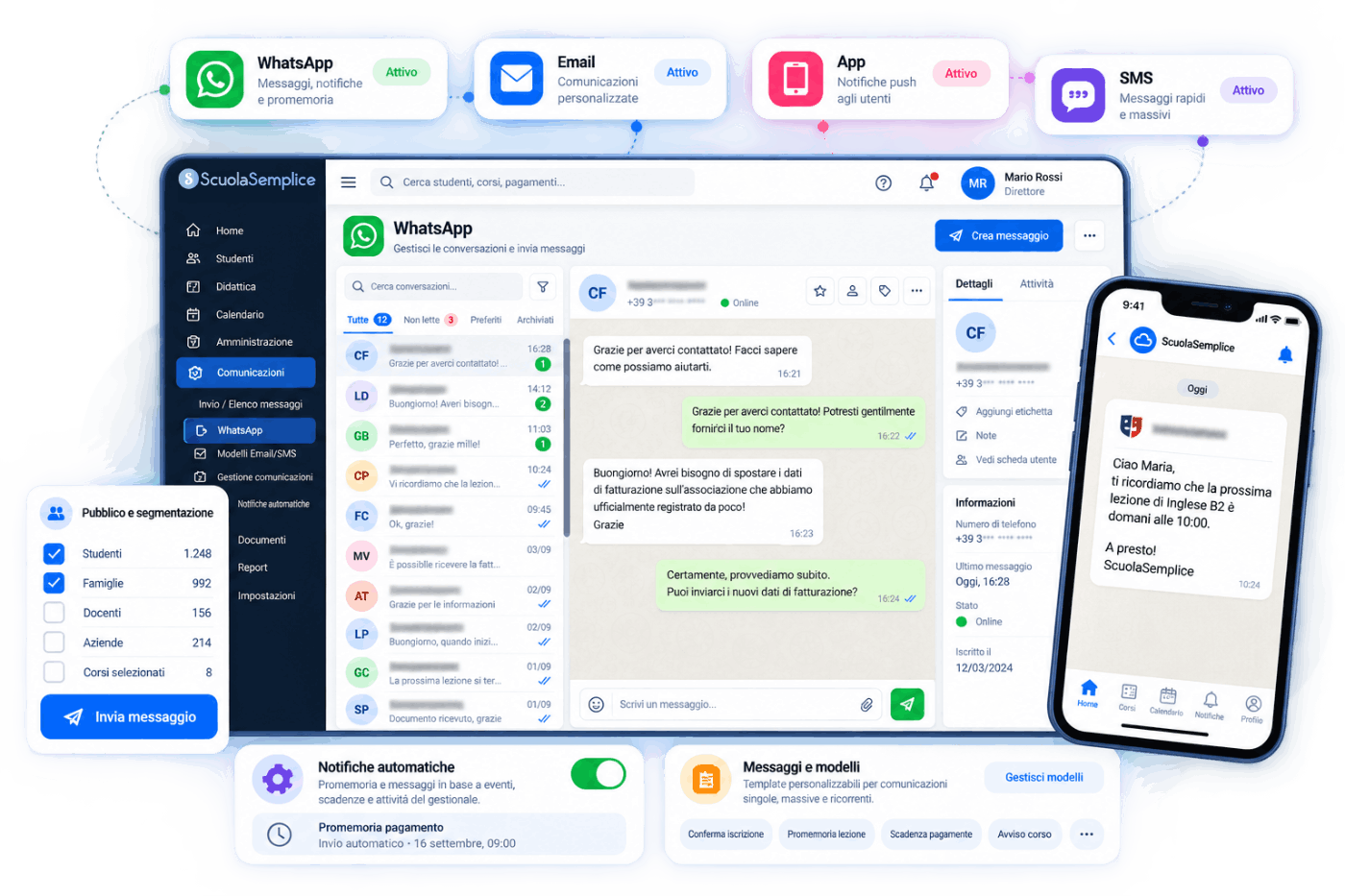 ScuolaSemplice per comunicazioni con studenti e famiglie tramite WhatsApp, App, email e SMS