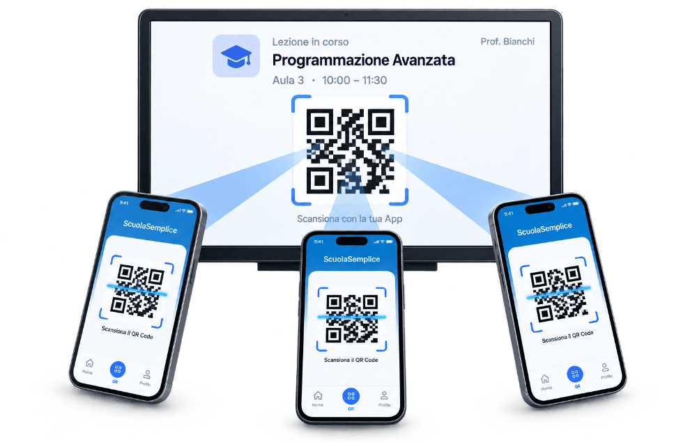 Studenti scansionano contemporaneamente con l'App ScuolaSemplice il QR Code mostrato per la lezione