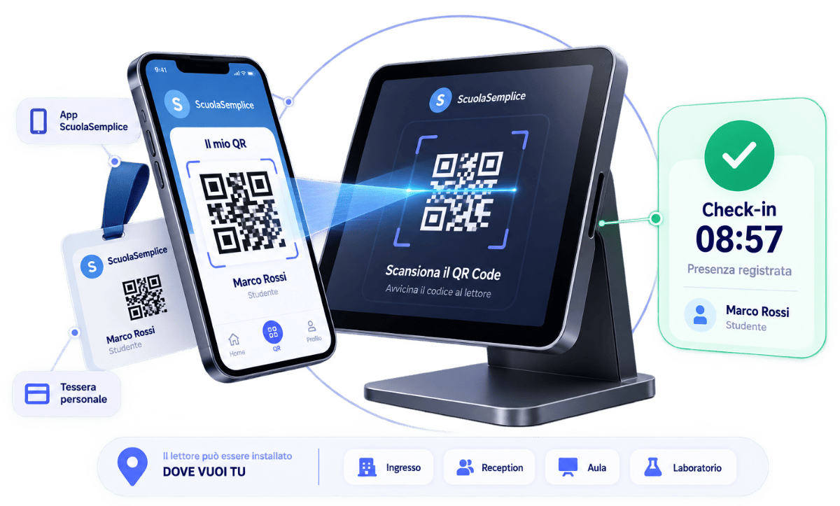 Studente mostra il QR Code dell'App ScuolaSemplice a un tablet per registrare la presenza